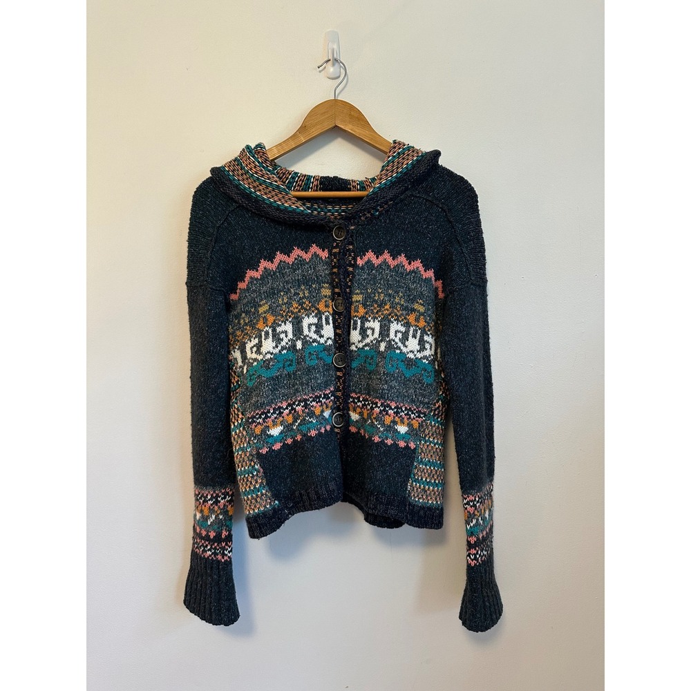 Free People Hooded Fair Isle Cardigan in Charcoal Multi | Size Large